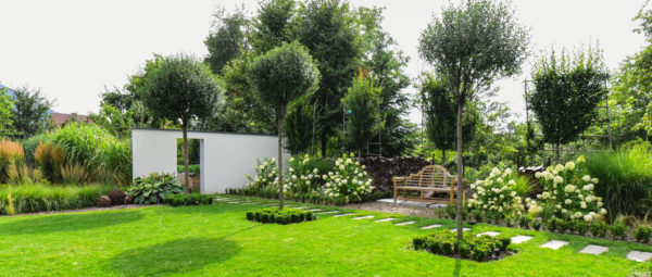 Piękny ogród z drewnianą ławką