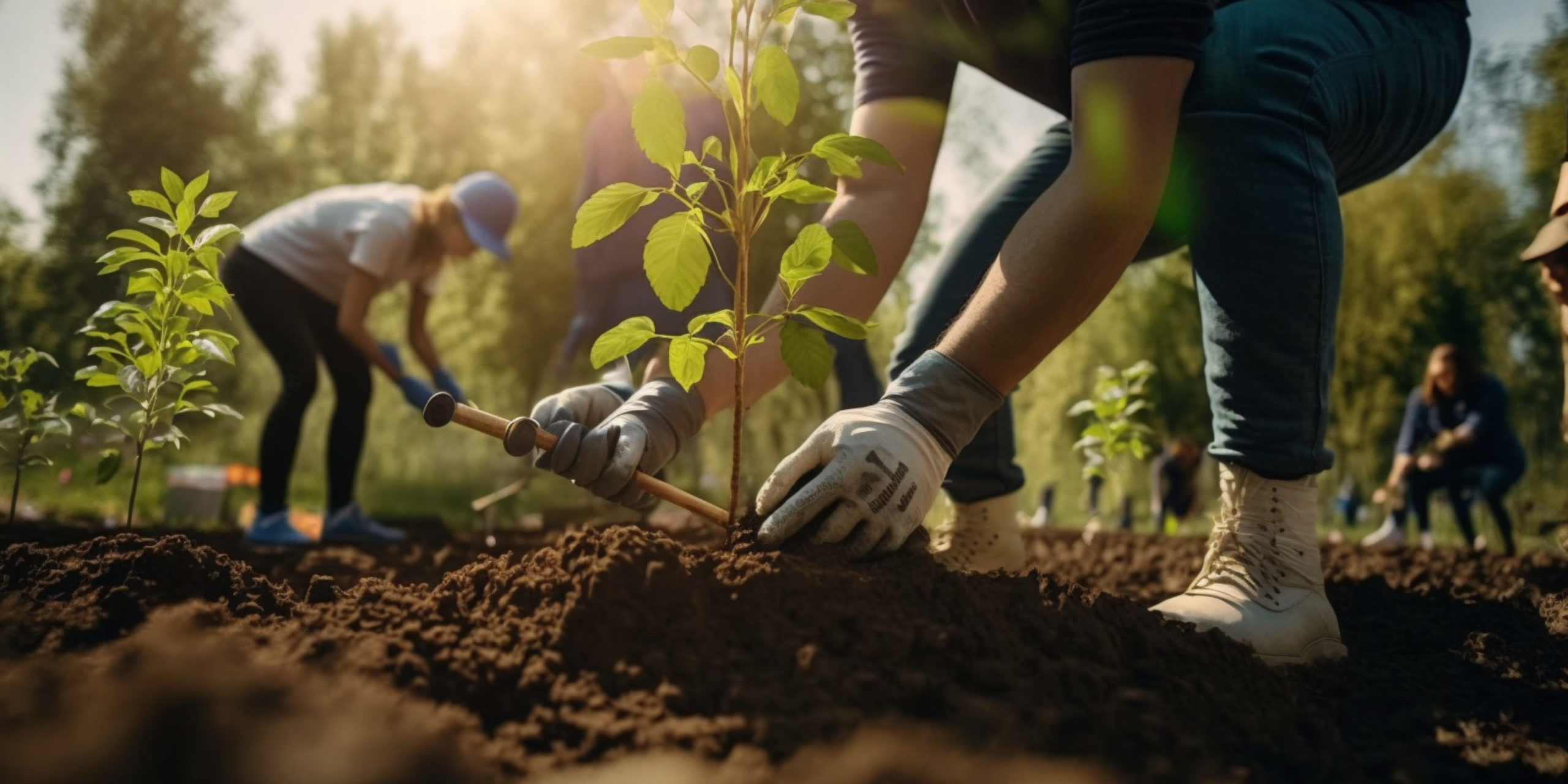 men are planting trees and watering them to help increase oxygen