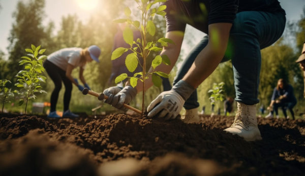 men are planting trees and watering them to help increase oxygen