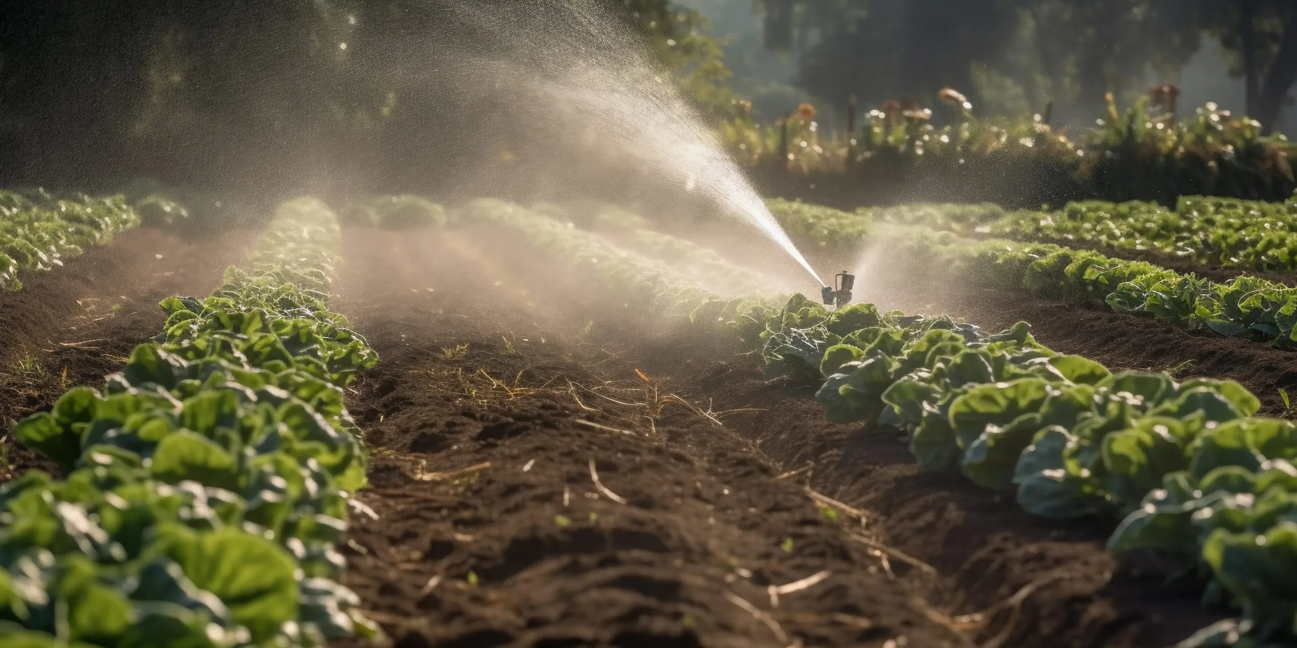 Water splash spray at the vegetable field crop or garden soil co