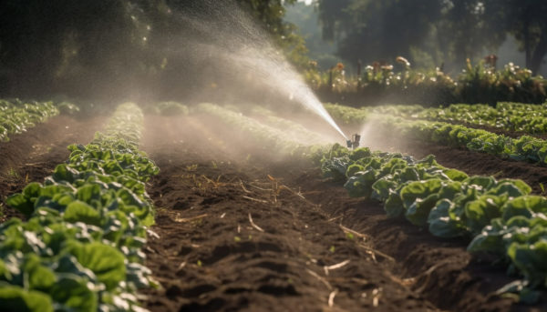 Water splash spray at the vegetable field crop or garden soil co