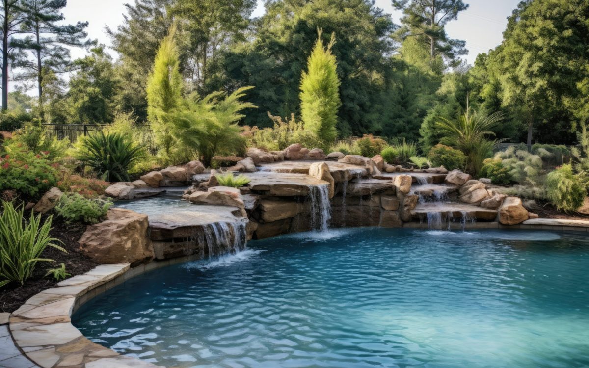 Backyard pool oasis waterfall, featuring lush landscaping, a wat